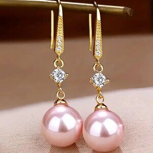 Faux Pink Pearl Earrings with CZ Accents